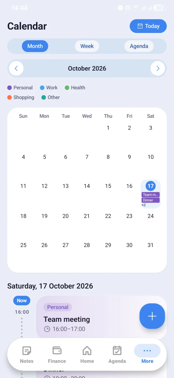 The Calendar screen in the Morvyn app