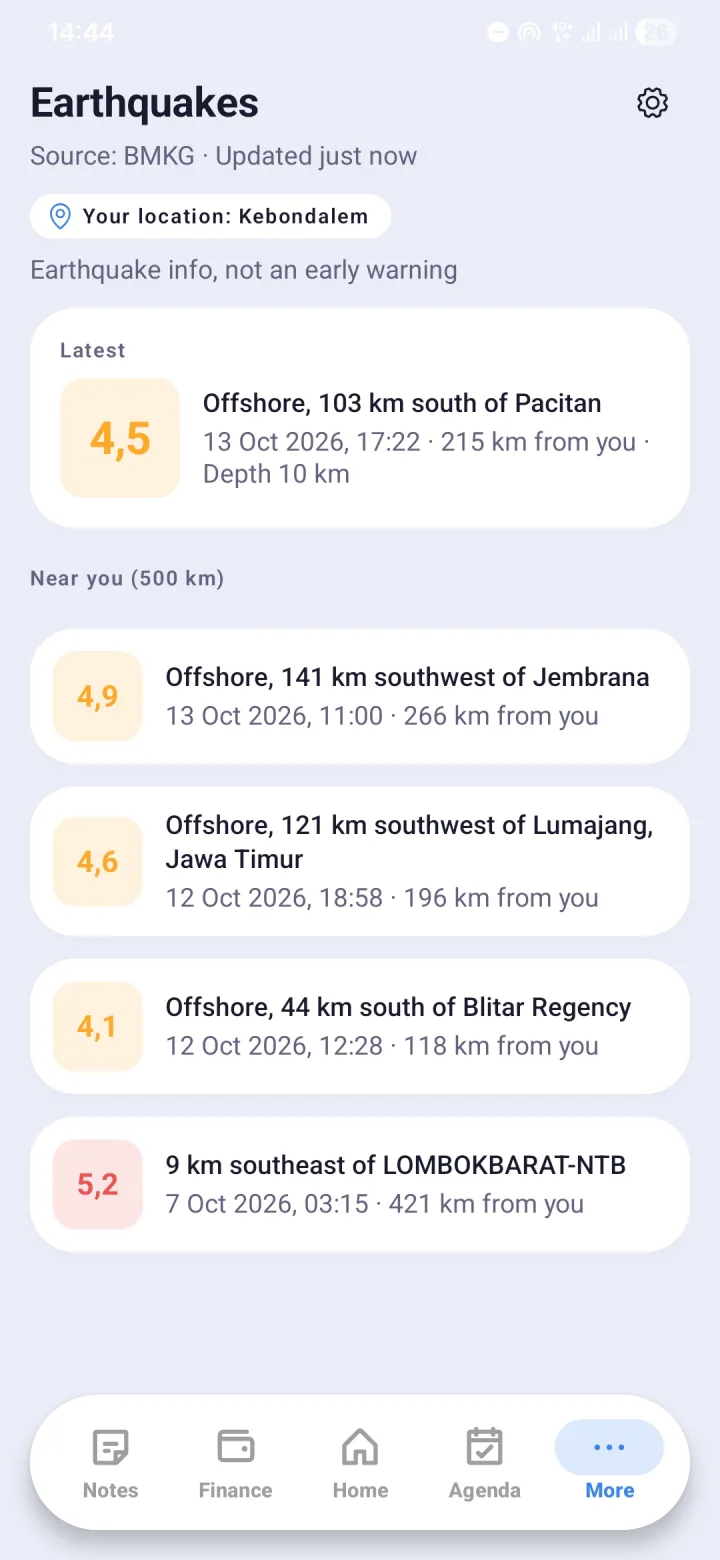 The Earthquake screen in the Morvyn app